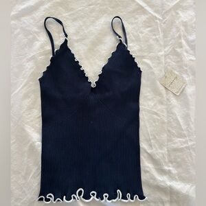 Free People Navy Ribbed Scallop Trim Slip Top